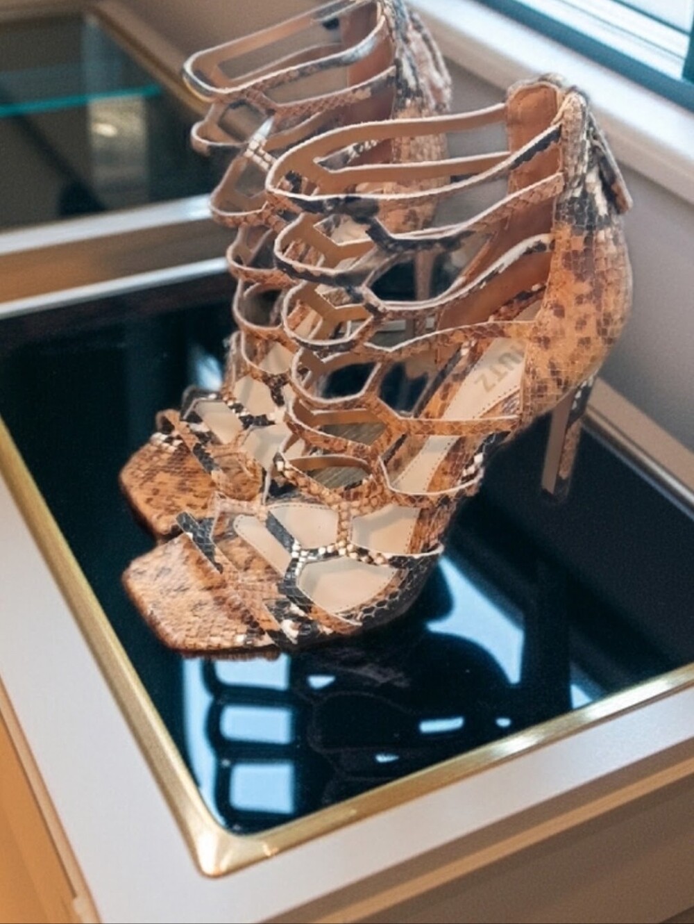 SCHUTZ JULIANA Leather Snake Embossed Uppers High Heel Caged Sandals SZ 8 B NEW